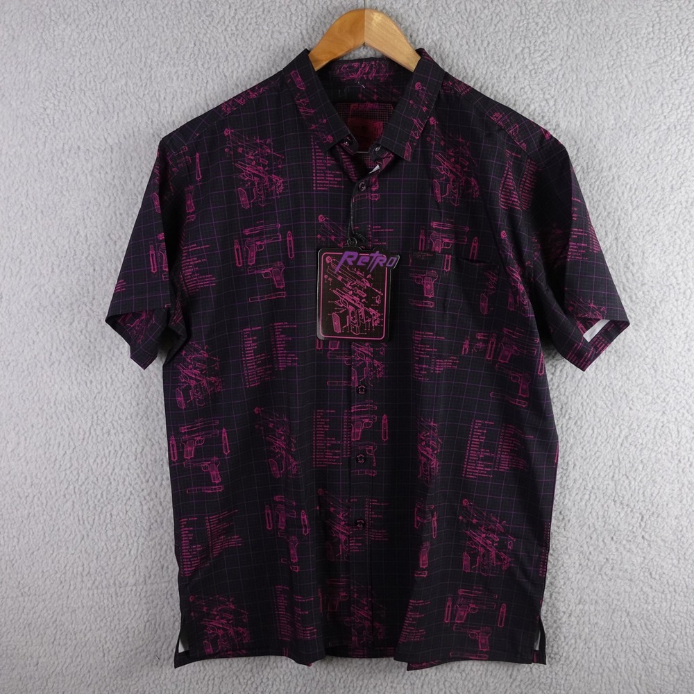 Retro Rifle Mens Black Pink Blueprint Gun Graphic‎ Button Down Shirt 2XL NWT